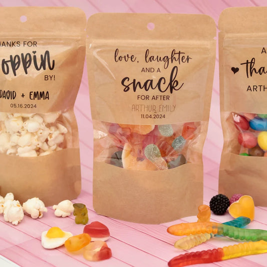 Wedding Treat Bags and Stickers, Love Laughter and a Snack, A Sweet Thank You Favor, His Her Wedding Stickers and Bags, Personalized Pouch
